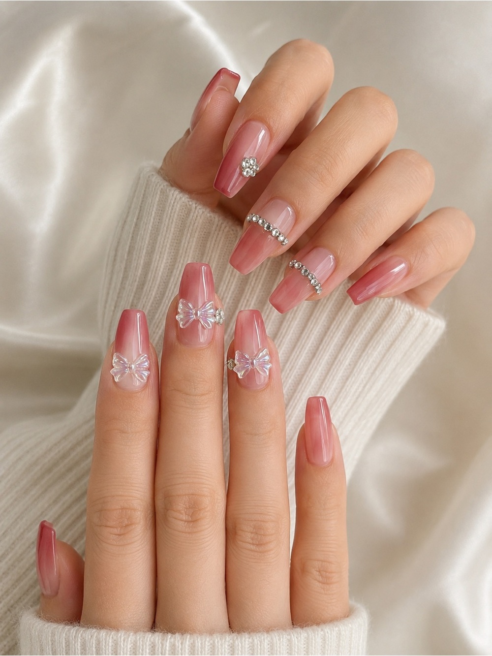 FARBÉ Pink Ombré Press-On Nails Rhinestone & 3D Butterfly Bow Set